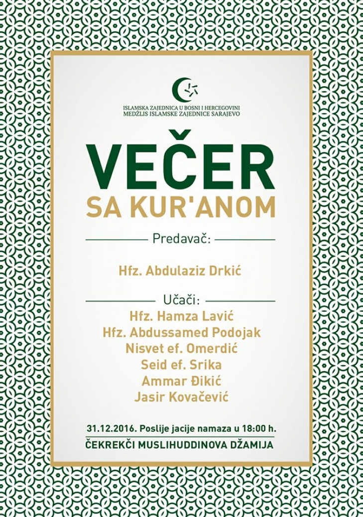 Medžlis Sarajevo večeras organizira Večer s Kur&#039;anom