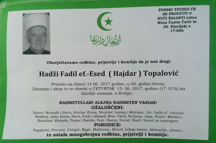 Na Ahiret preselio Fadil-ef. Topalović